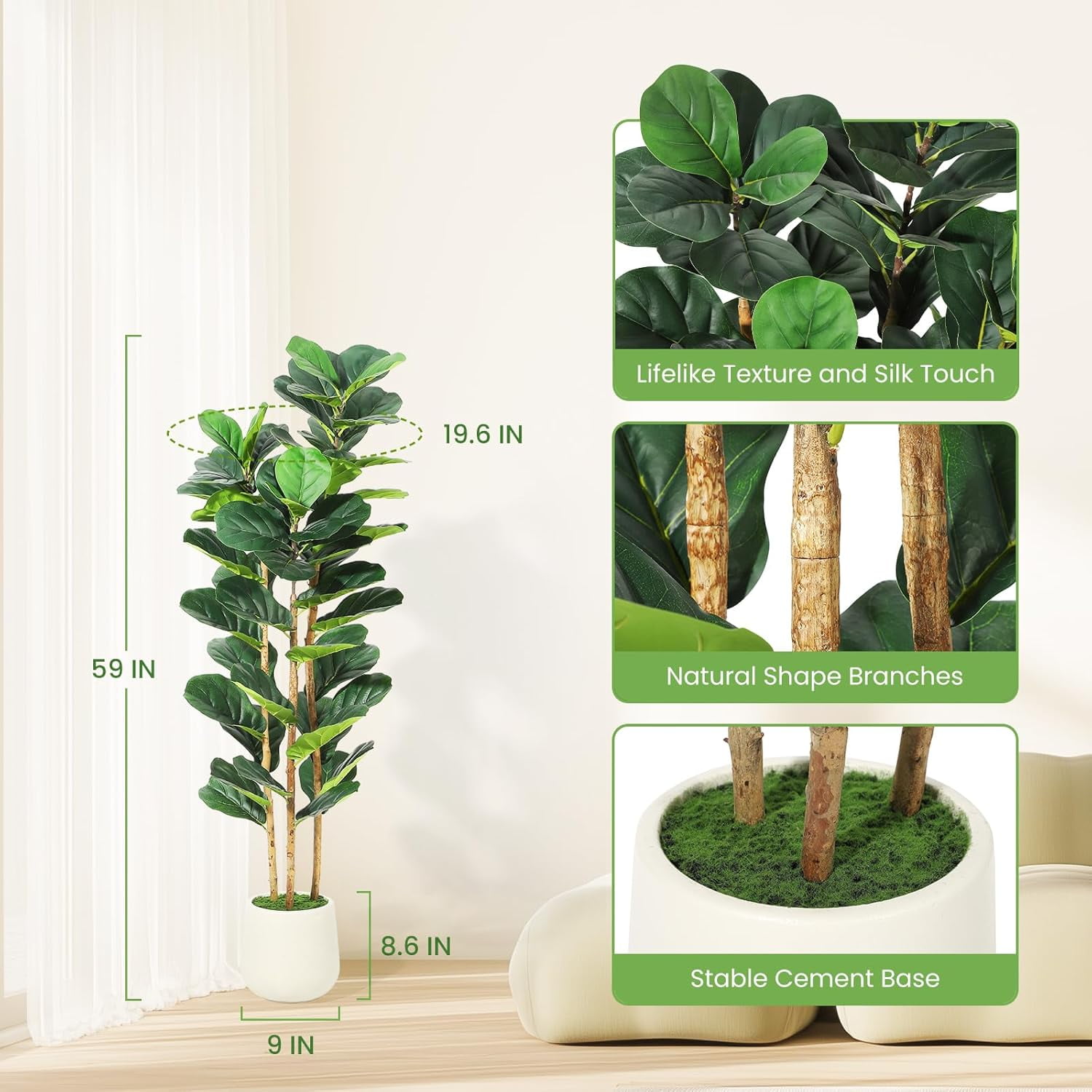 5 ft Faux Fiddle Leaf Fig Tree with White Pot, Faux Trees with Artificial Plants 56 Fiddle Leaves Greenery - Lifelike Fake Tree for Home Office Store Room Decor Indoor Outdoor