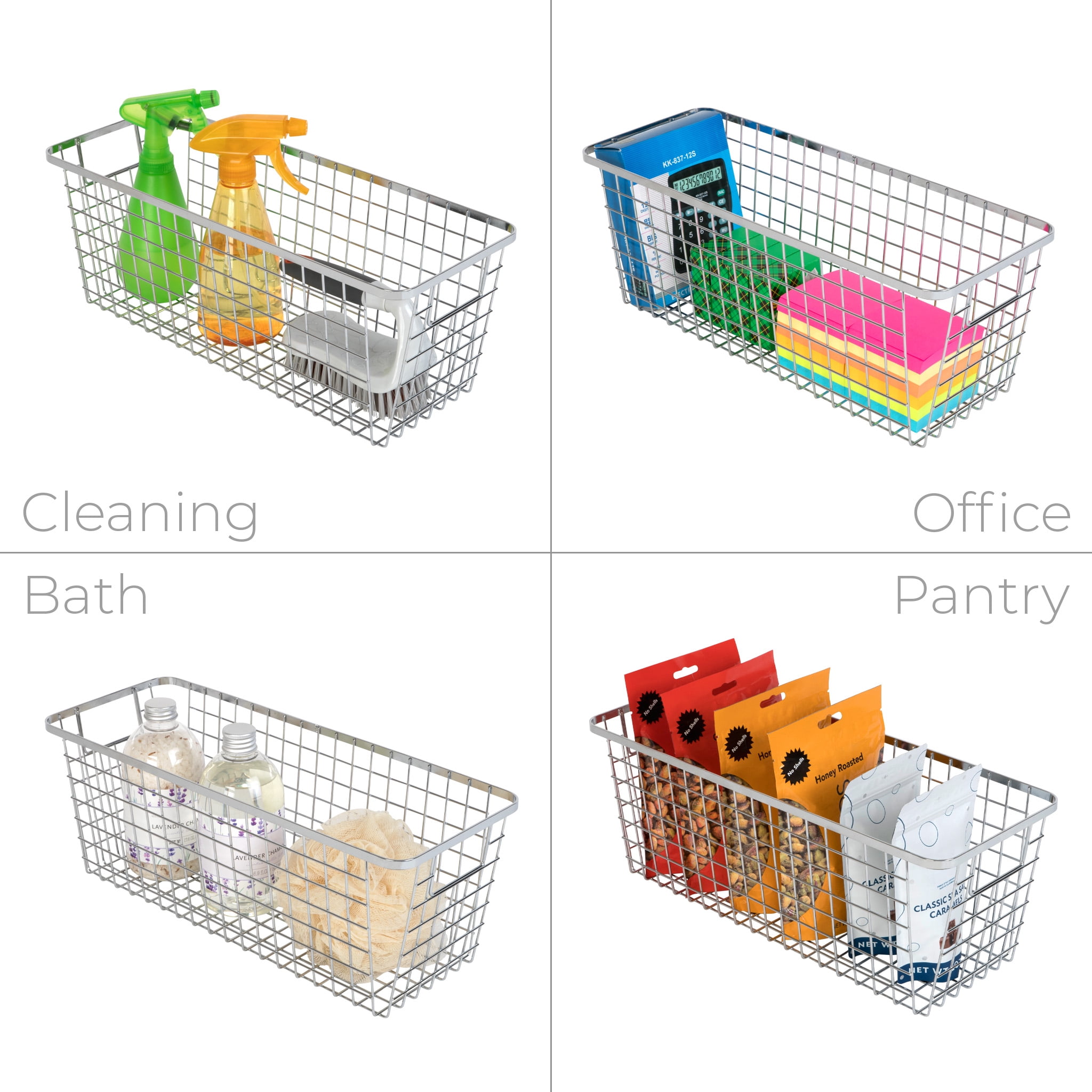 Smart Design Nestable Basket Organizer with Handles - 6 x 16 x 6 inches - Chrome - Set of 4