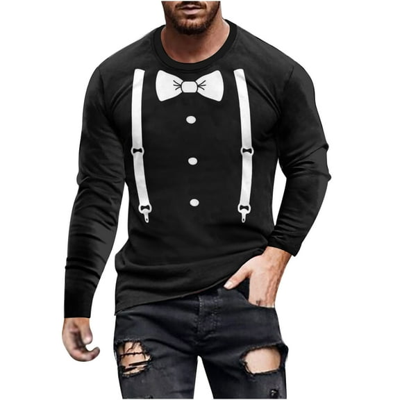 Wyobmus Plus Size Fake Tuxedo Shirts for Men Funny Bowtie Printed Long Sleeve T-Shirt Novelty Crewneck Pullover Graphic Tee Tops A-Black