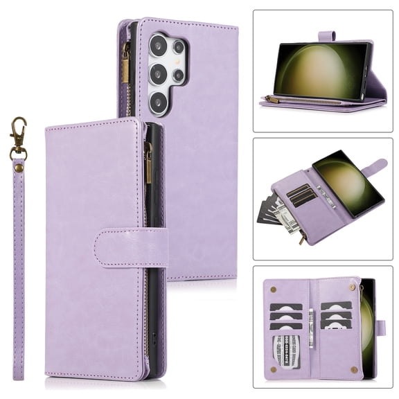 Allytechgroup Wallet Case for Samsung Galaxy S25 Ultra, Zipper Clutch Phone Case with Card Slots, Cash Pocket, Wrist Strap, Kickstand Stand Function, Magnetic Closure Flip Cover,Lavender