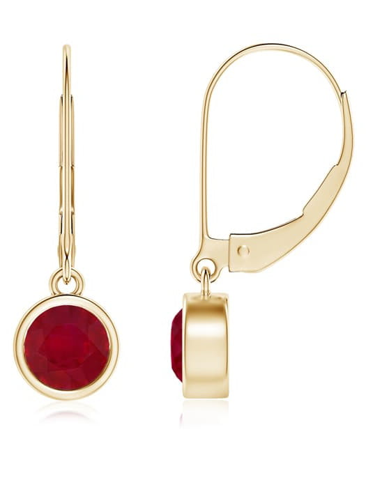 14K Yellow Gold Bezel Round Ruby Leverback Dangle Earrings 1" 
