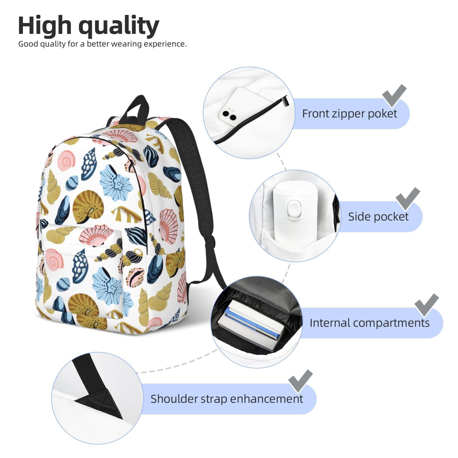 Travel Laptop Backpack - Golden Pink Blue Shell Conch Lightweight Canvas Backpack, Wear Resistant Computer Backpack Bag Fit {sizeName} Laptop for Men Women with Adjustable Padded Shoulder Straps