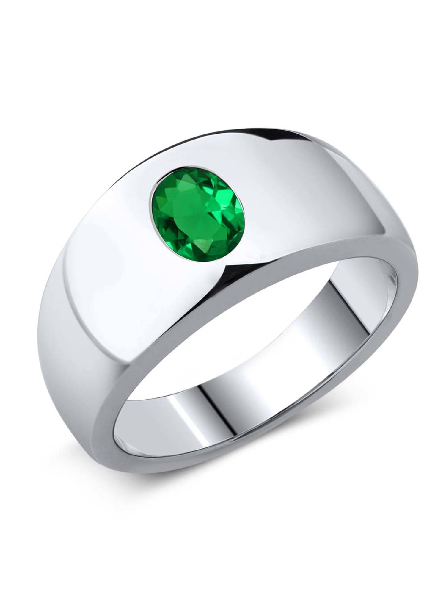 Band Ring Men Guy Gent Synthetic May Birthstone Green CZ White Rhodium Plated Metal