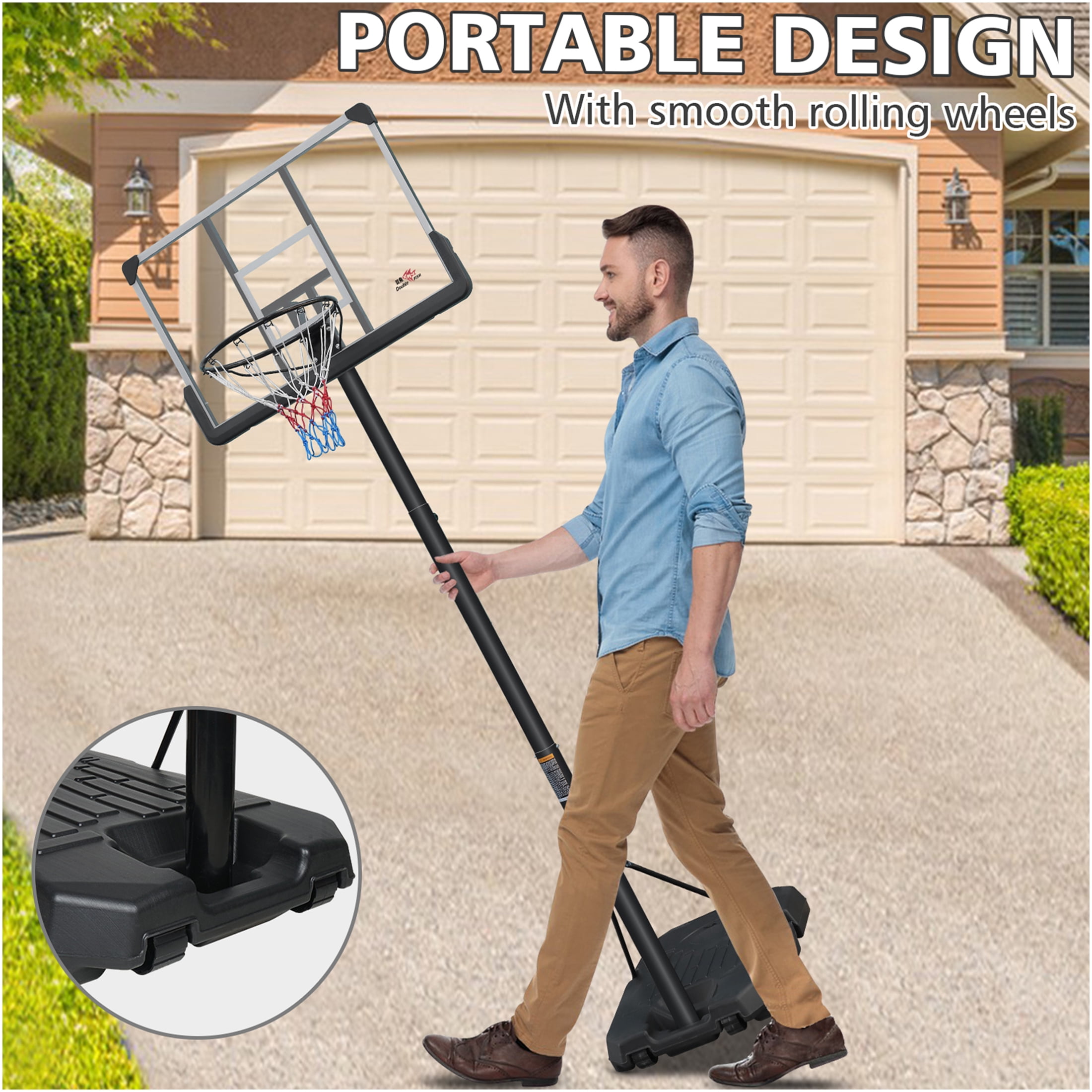 JERFIT Adjustable Basketball Hoop with Portable Wheels, 6.5-10FT Height Adjustment, 44" Backboard & Stable Base for Indoor Outdoor Play for Youth Adults