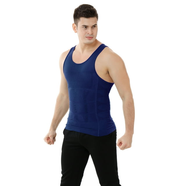 TOPTIE Men's Slimming Body Shaper Compression Shirt, Shapewear Sculpting Vest Muscle Tank-Blue-S