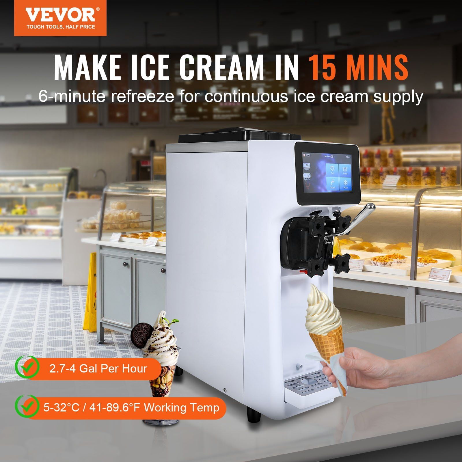 HCY Commercial Ice Cream Machine, 10.6 QT/H Yield, 1000W Single Flavor Countertop Soft Serve Ice Cream Maker, 4L Hopper 1.6L Cylinder, Touch Screen Auto Clean Pre-cooling, for Restaurant Snack Bar
