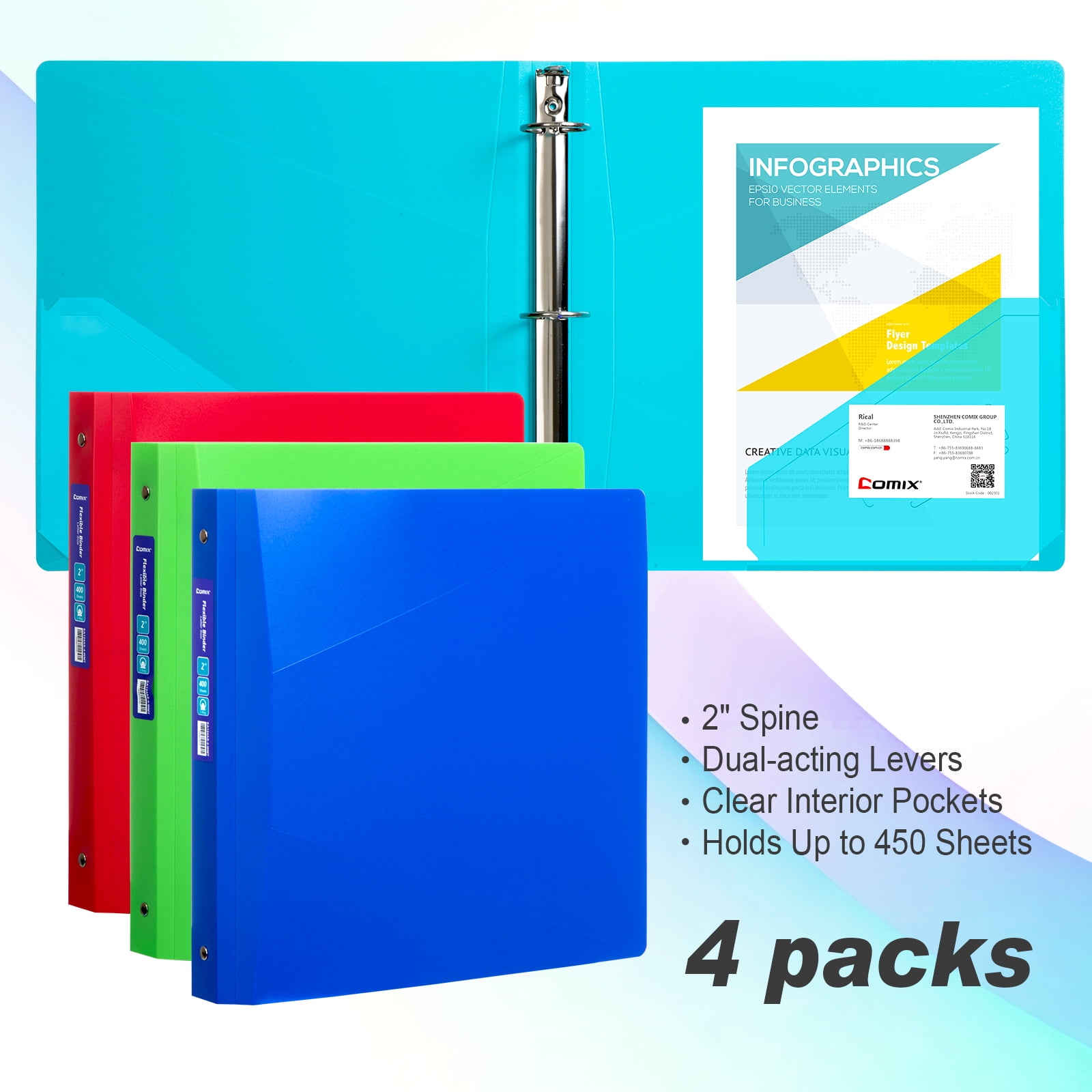 Comix 2 inch 3-ring Binder with Pockets, Round Ring, 450 Sheets, 4-Pack Assorted Color