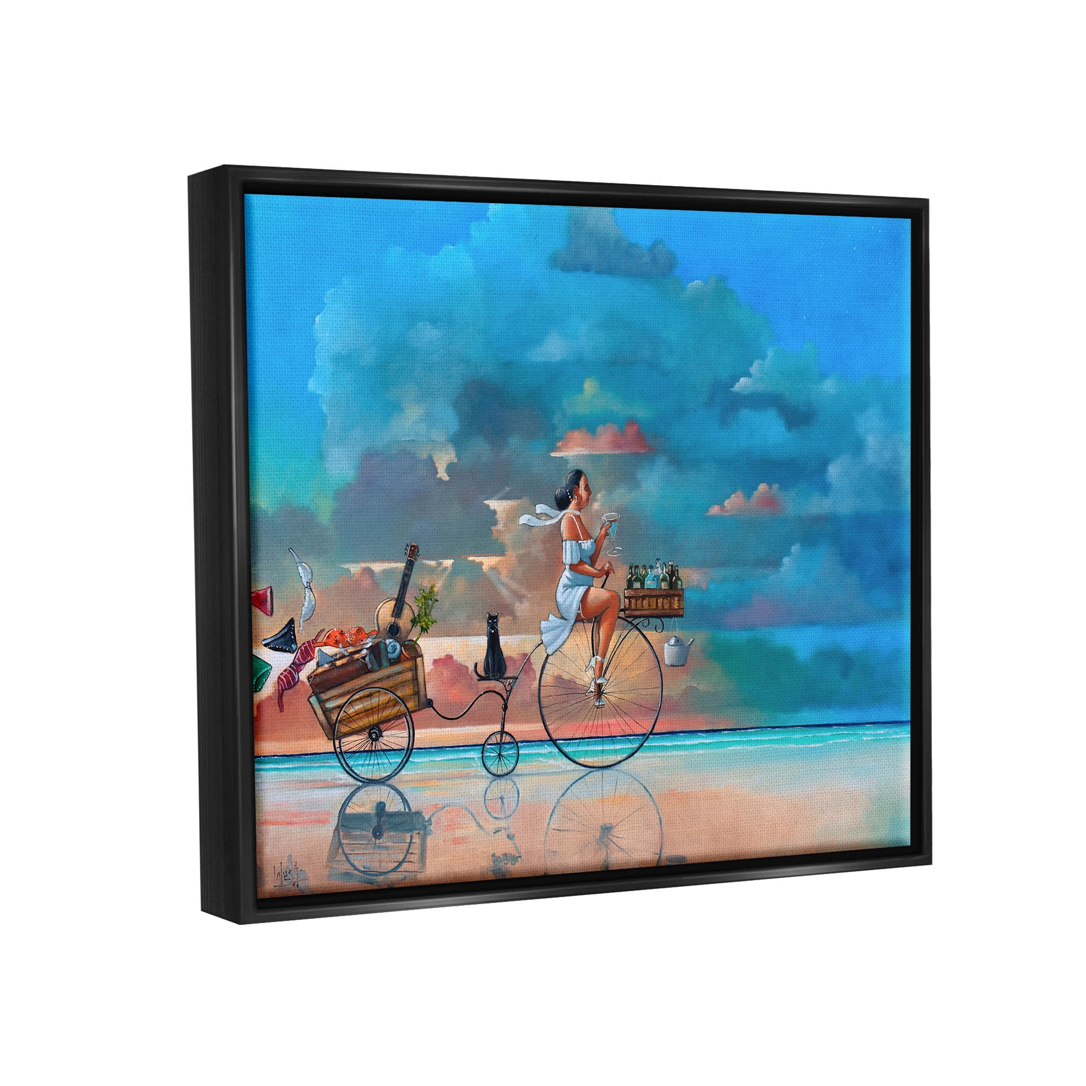 Summer Beach Bike Ride Reflection Coastal Painting Jet Black Framed Art Print Wall Art