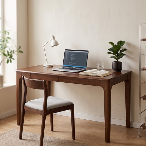 iooHug Solid Wood Desk with Drawer, Mid Century Modern Writing Desk with Storage for Bedroom, Study Room & Small Spaces, Walnut