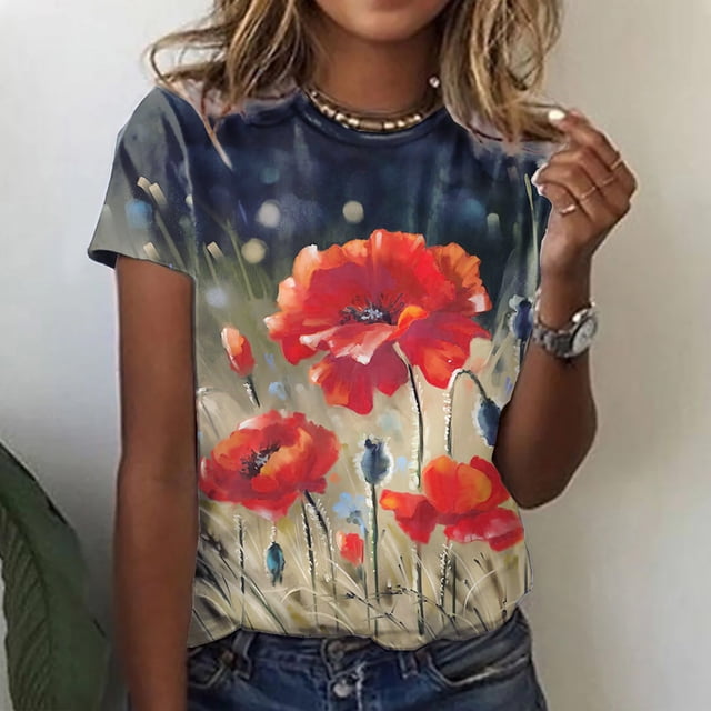 Blouse d'Été Grande Taille à Manches Courtes pour Femmes, Décontractée, Ample, Imprimé Floral, Col Rond, T-Shirt Imprimé à Manches Courtes, Col en V, T-Shirt pour Femmes en Liquidation