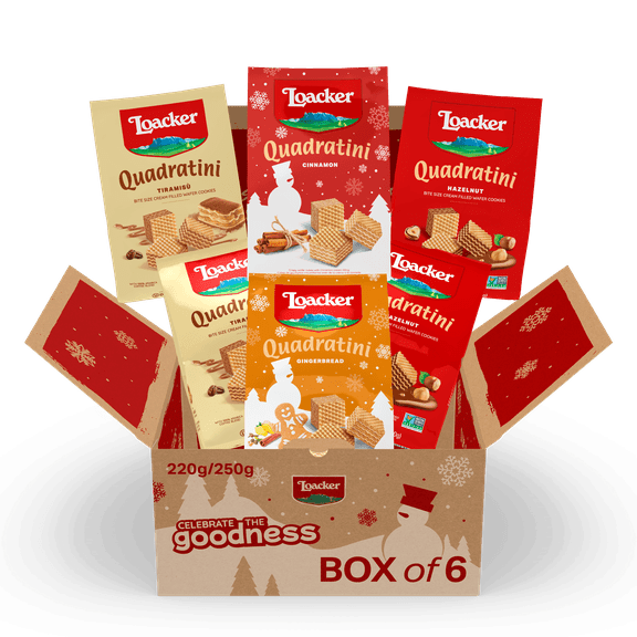 Loacker Quadratini HOLIDAY Variety Pack Wafer Cookies, Mix of Hazelnut/Cinnamon/Gingerbread/Tiramisù, Pack of 6