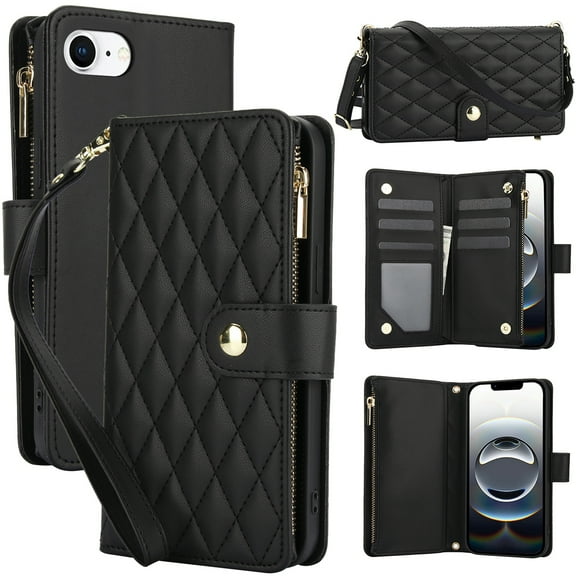 Decase for iPhone 16e Wallet Phone Case with Crossbody Lanyard Strap & Wrist Strip,Shockproof Stylish Zipper Pockets Case with Card Slots Cash Slots,PU Leather Flip Folio Book Design,Black