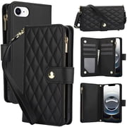 Decase for iPhone 16e Wallet Phone Case with Crossbody Lanyard Strap & Wrist Strip,Shockproof Stylish Zipper Pockets Case with Card Slots+Cash Slots,PU Leather Flip Folio Book Design,Black