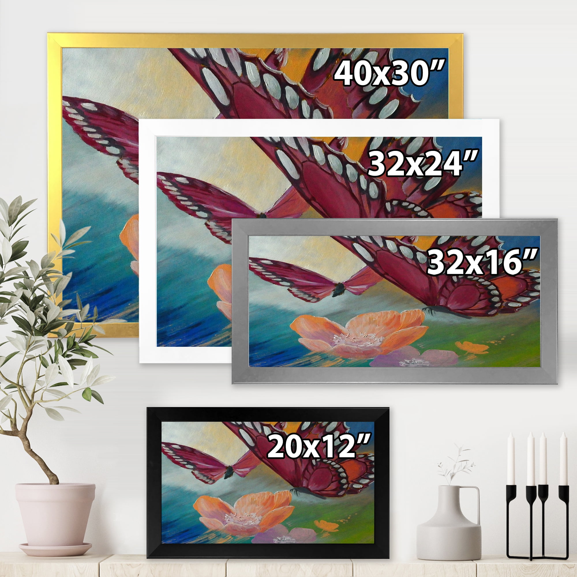 Designart 'Butterflies On Pink Flowers' Traditional Framed Art Print