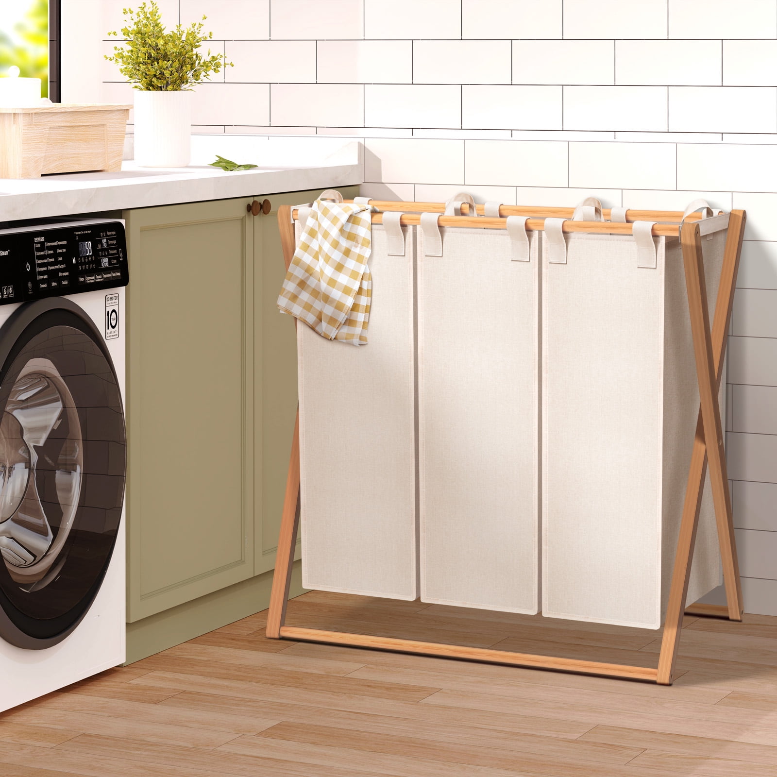 150L Laundry Hamper,Collapsible Laundry Basket,Bamboo Clothes Hamper,Foldable Hamper for Bedroom, Laundry Room, Bathroom, Beige