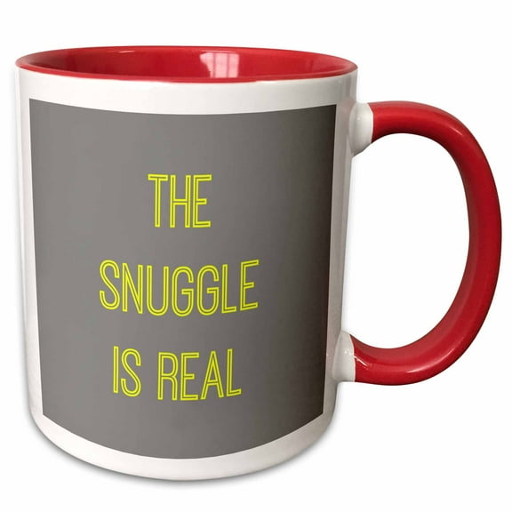 3drose, the Snuggle Is Real with Yellow Print on a Grey Background, 11oz Two-tone Red Mug