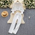 thumbnail image 5 of Conjunto de pantalones de dos piezas para mujer, Blusa de manga acampanada de retazos de encaje hueco a la moda, pantalones adelgazantes informales de cintura alta, otoño, 5 of 5