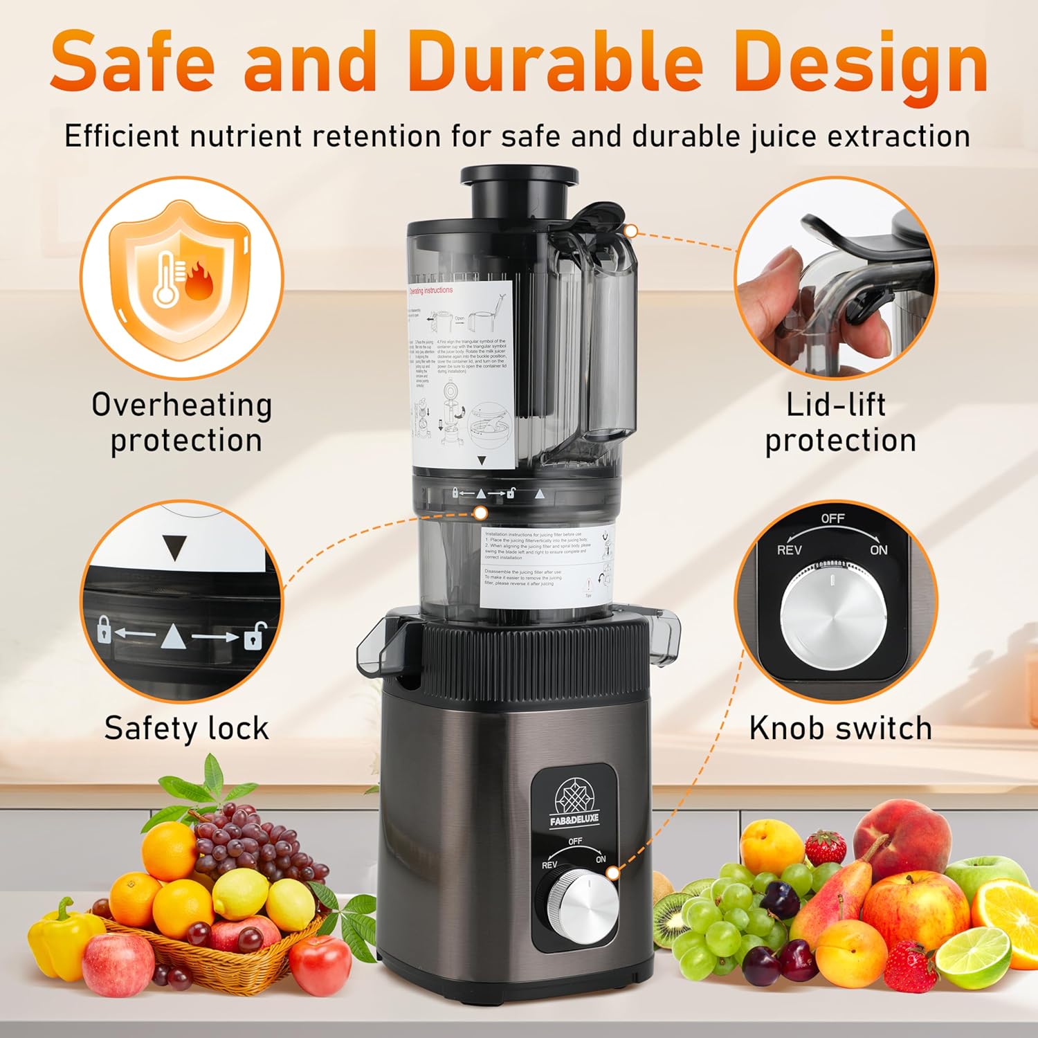 Cold Press Juicer - Juicer Machines with 4.3 Wide Feed Chute, 34oz Slow Masticating Juicer for Fruits and Vegetables, 99 High  Yield, Reverse Function, Dishwasher Safe