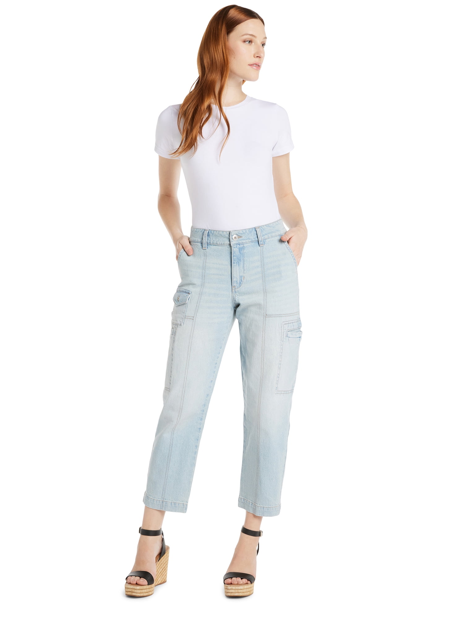 Time and Tru Women's Mid Rise Straight Utility Pants, 27" Inseam, Sizes 2-20
