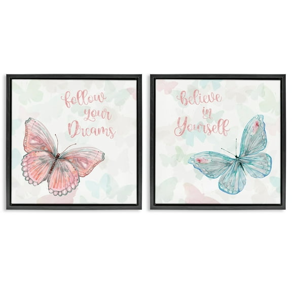 Stupell Industries Believe In Dreams Butterflies Animals & Insects Painting Black Floater Framed Canvas Art Print Wall Art, 18 x 18, Set of 2