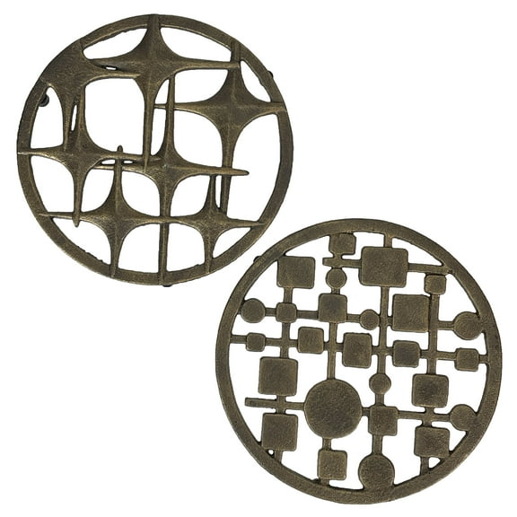 Zeckos Set of 2 Cast Iron Trivets - 8" Bronze MCM - Stars & Circles/Squares