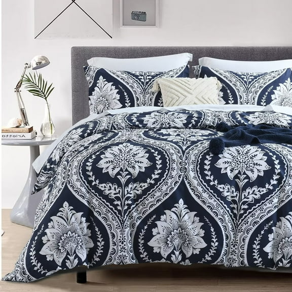 Bedduvit 100% Cotton Duvet Cover Set - 400 Thread Count Damask Floral Boho Vintage Queen Duvet Cover with Zipper Closure, Reversible 3-Piece Bedding Set/Comforter Cover (Queen Size-90"x90", Navy Blue)