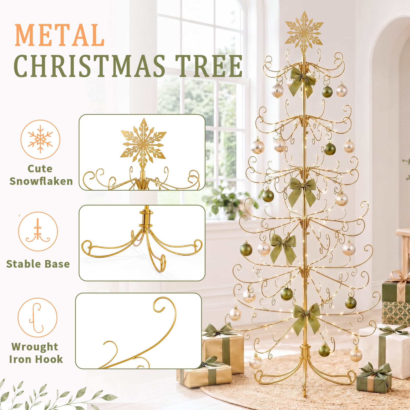 Astoutdoor 6 ft Gold Iron Christmas Tree with Snowflake Top, PVC Everyday Decor Tree, No Accessories Included