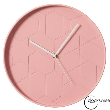 Clockswise 12 Rose Pink Hex Embossed Wall Clock Modern Decorative Round Hanging Design with Geometric Pattern Perfect for Bedroom Living Room Kitchen Office Nursery and Contemporary Home Décor