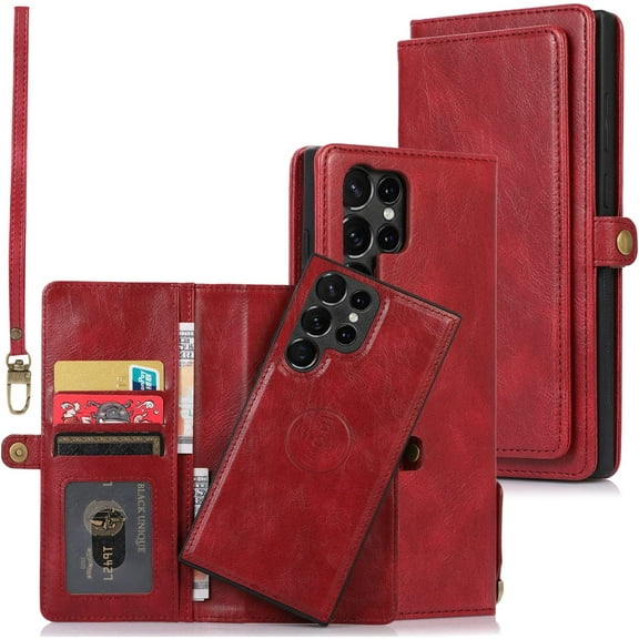 Phone Case for Samsung Galaxy S23 Ultra 5G Wallet Detachable Cover with Leather Flip Credit Card Holder Magnetic Back Lanyard Cell Accessories S23Ultra 23S S 23 23Ultra 6.8 inch Women Men Red