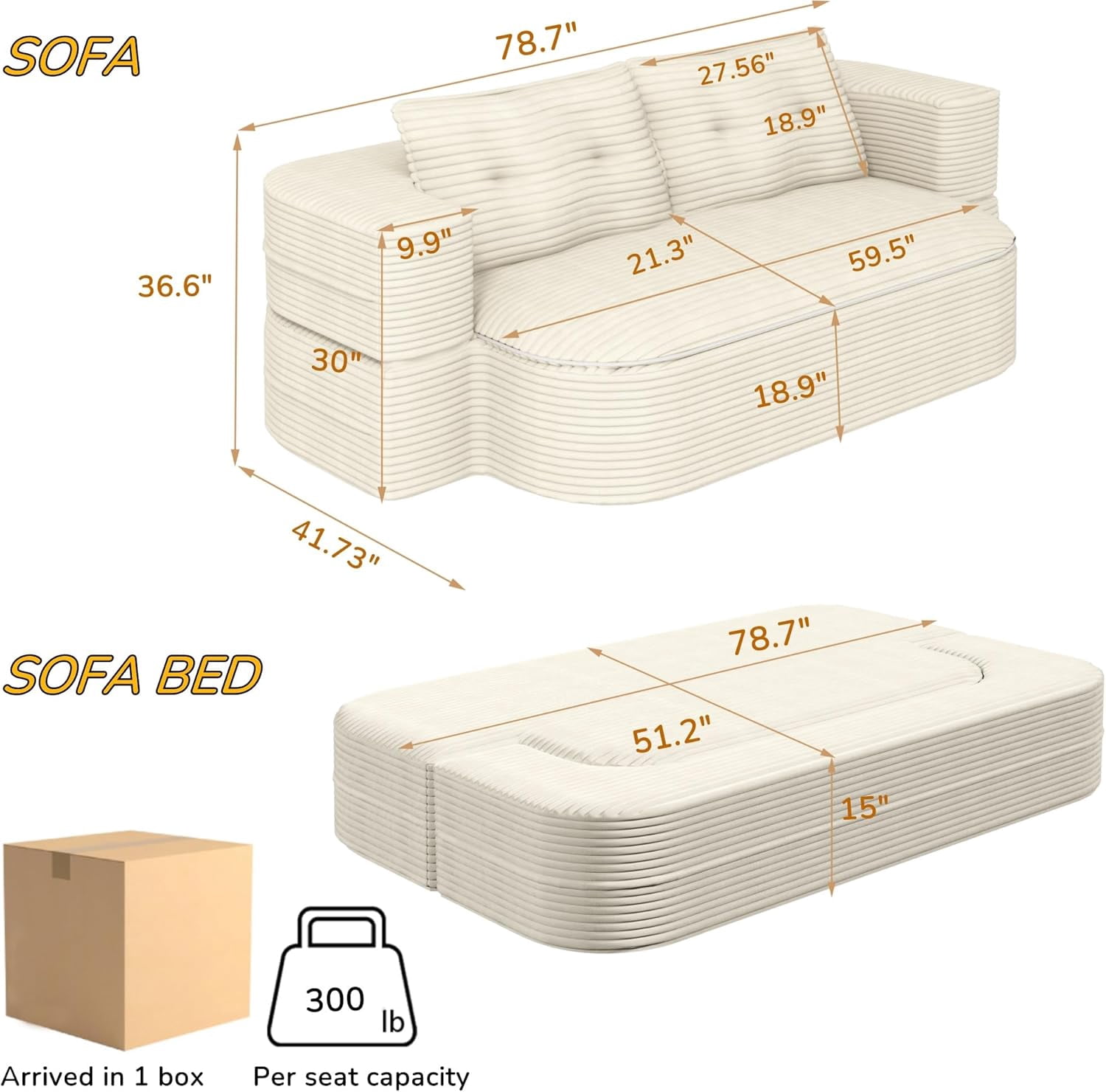 78.7'' Folding Sofa Bed Queen Sleeper Sofa, 2-in-1 Convertible Corduroy Boneless Couch with Blanket, Modern Futon Loveseat Couches for Living Room, Guest Bed, No Assembly Couch, Beige