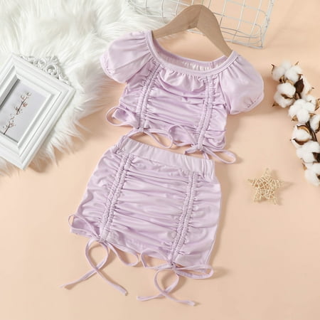 

AURIGATE Clearance! Toddler Baby Girls Fashion Cute Solid Color Pleated Drawstring Short Sleeve Top Skirt Suit