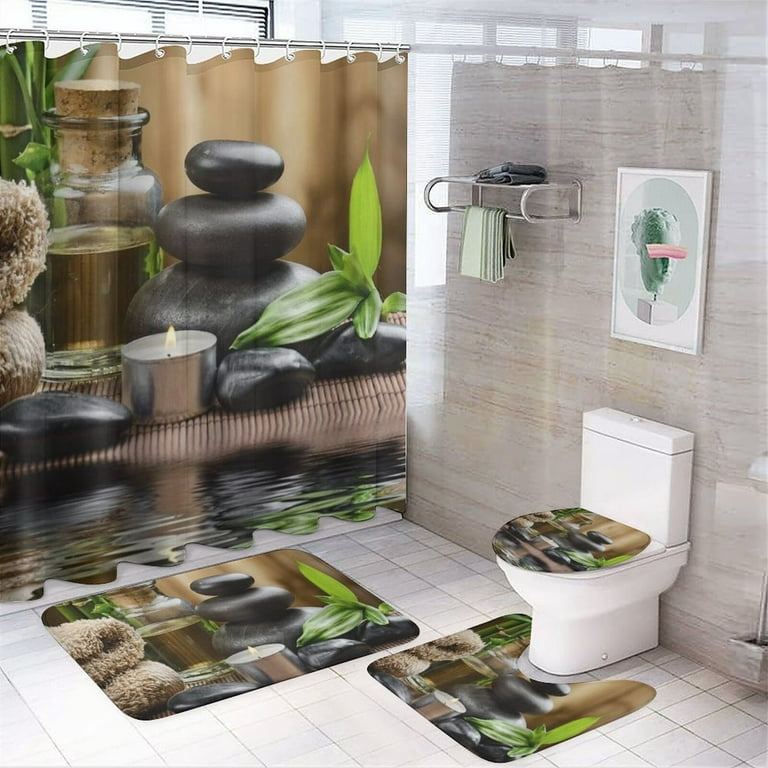  ArtSocket 4 Pcs Shower Curtain Set Stones Spa Oil Wood Massage  Relax Candle Modern Water Bamboo Green with Non-Slip Rugs Toilet Lid Cover  and Bath Mat Bathroom Decor Set 72 x