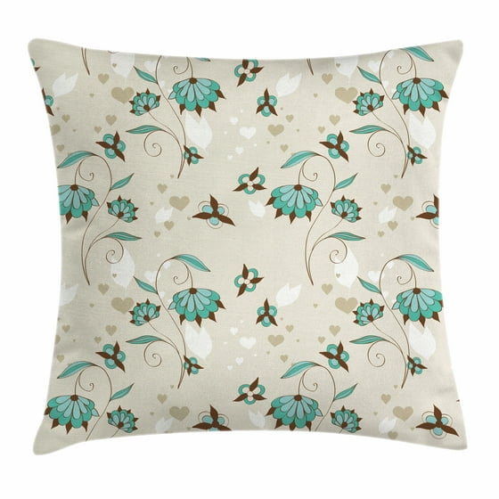 Floral Throw Pillow Cushion Cover, Romantic with Little Hearts Swirled Stems with Blossoms ...