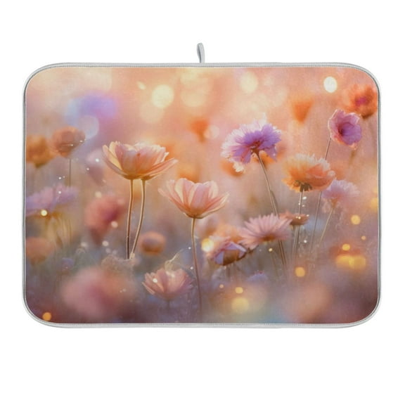 Dreamy Flowers Dish Drying Mat for Kitchen Counter 16x18 In Absorbent Microfiber Reversible Mats Dish Drainer Protector Rack Pad for Coffee Bar Table