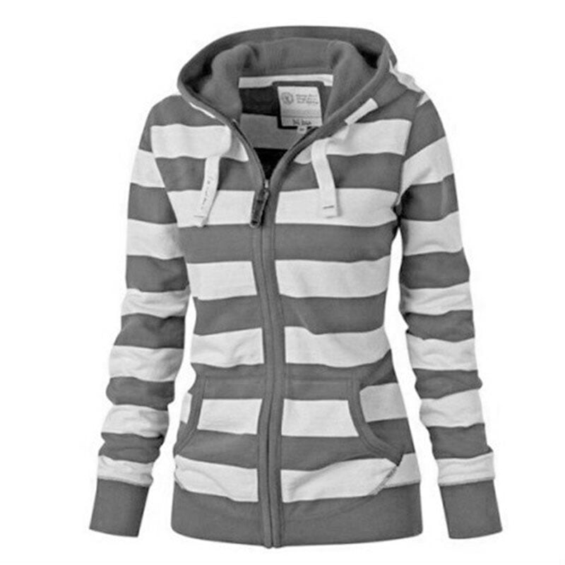 Women Striped Plain Zipper Casual Hooded Sweatshirt Winter Fashion Jumper Sweater Top Jacket Coat