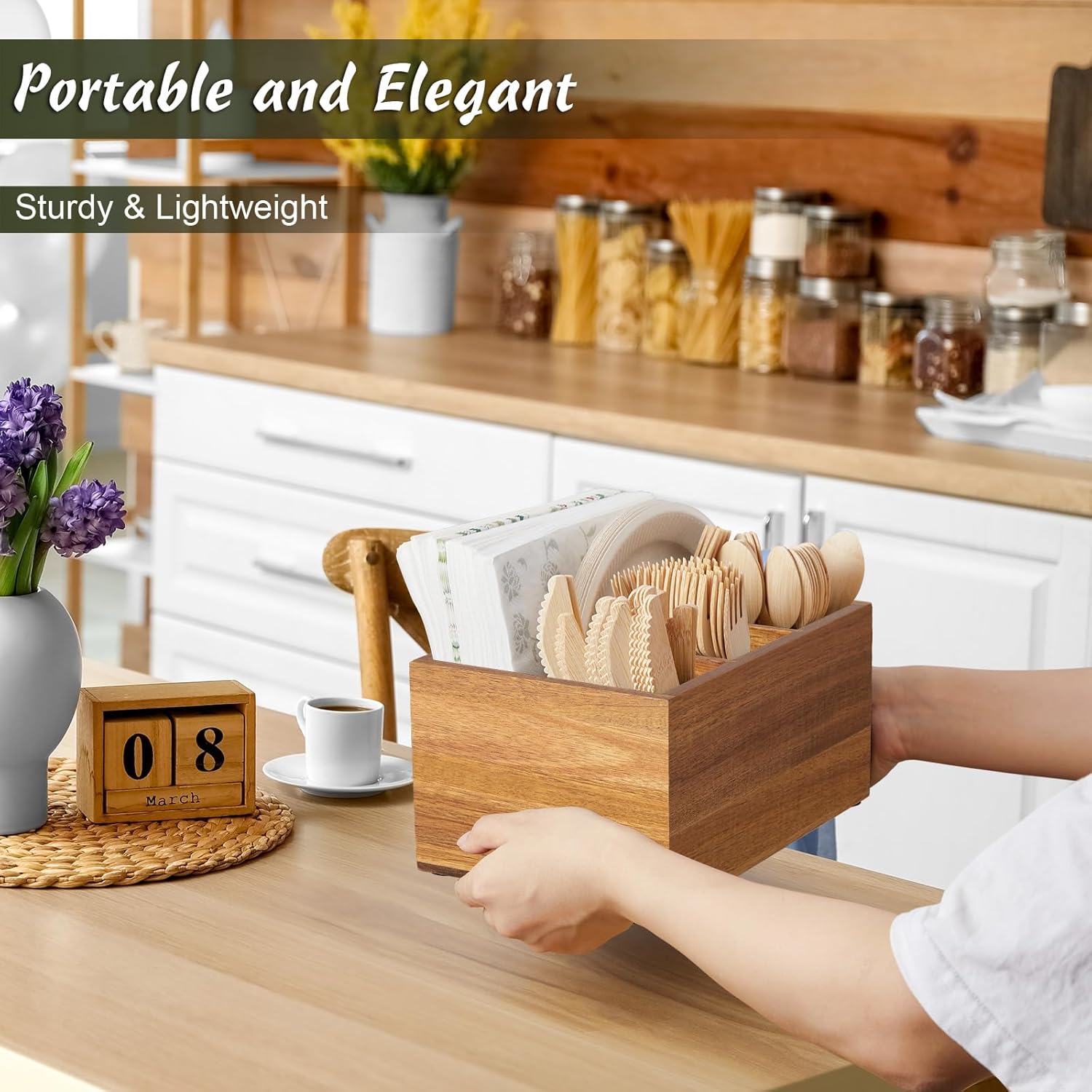 Utensil Caddy, Silverware Caddy for Party, Acacia Wood Silverware Holder, Silverware Organizer Countertop, Cutlery Stora Containers for Kitchen Table