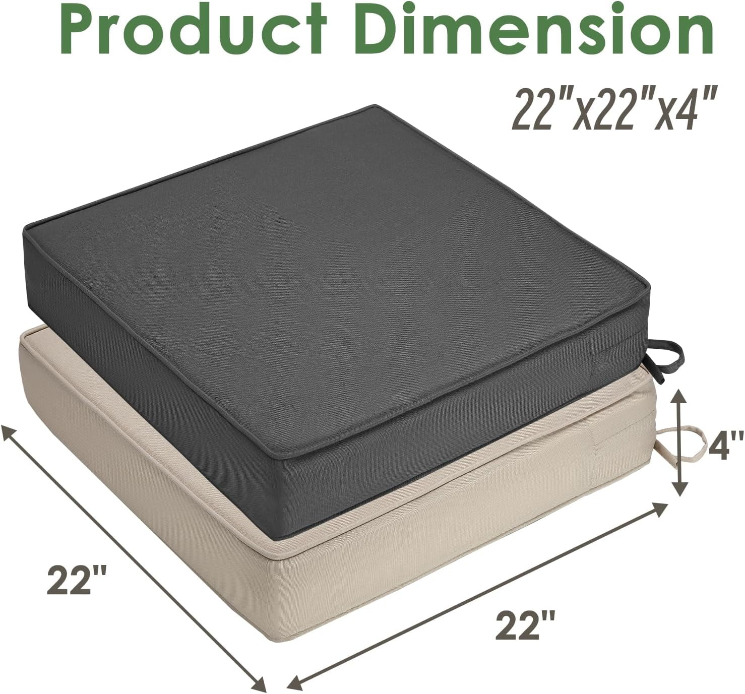 Patio Chair Cushion 22x22x4 Inch, Waterproof Outdoor Seat Cushions for Patio Furniture, Garden Chair Cushions with Ties, Set of 2, Dark Gray