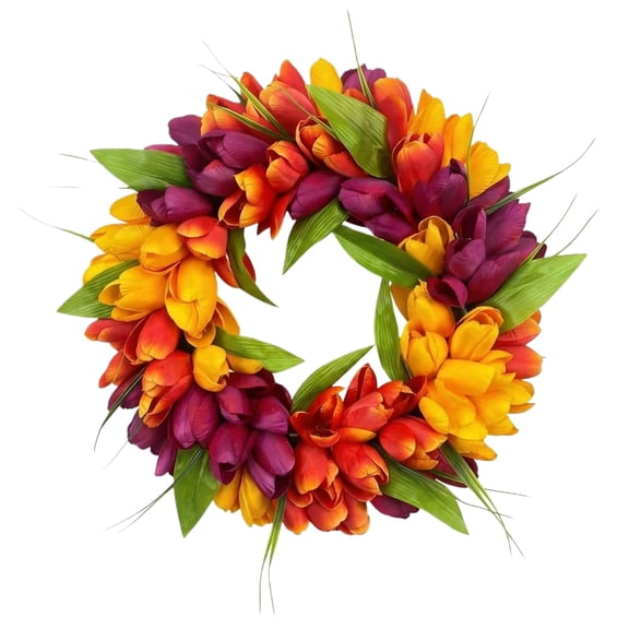 18 Inch Tulip Wreath for Front Door, Spring Summer Artificial Tulip Flower Wreath with Green Leaves, Silk Floral Wreath for Front Door Wall Window Porch Wedding Seasonal Home Decor