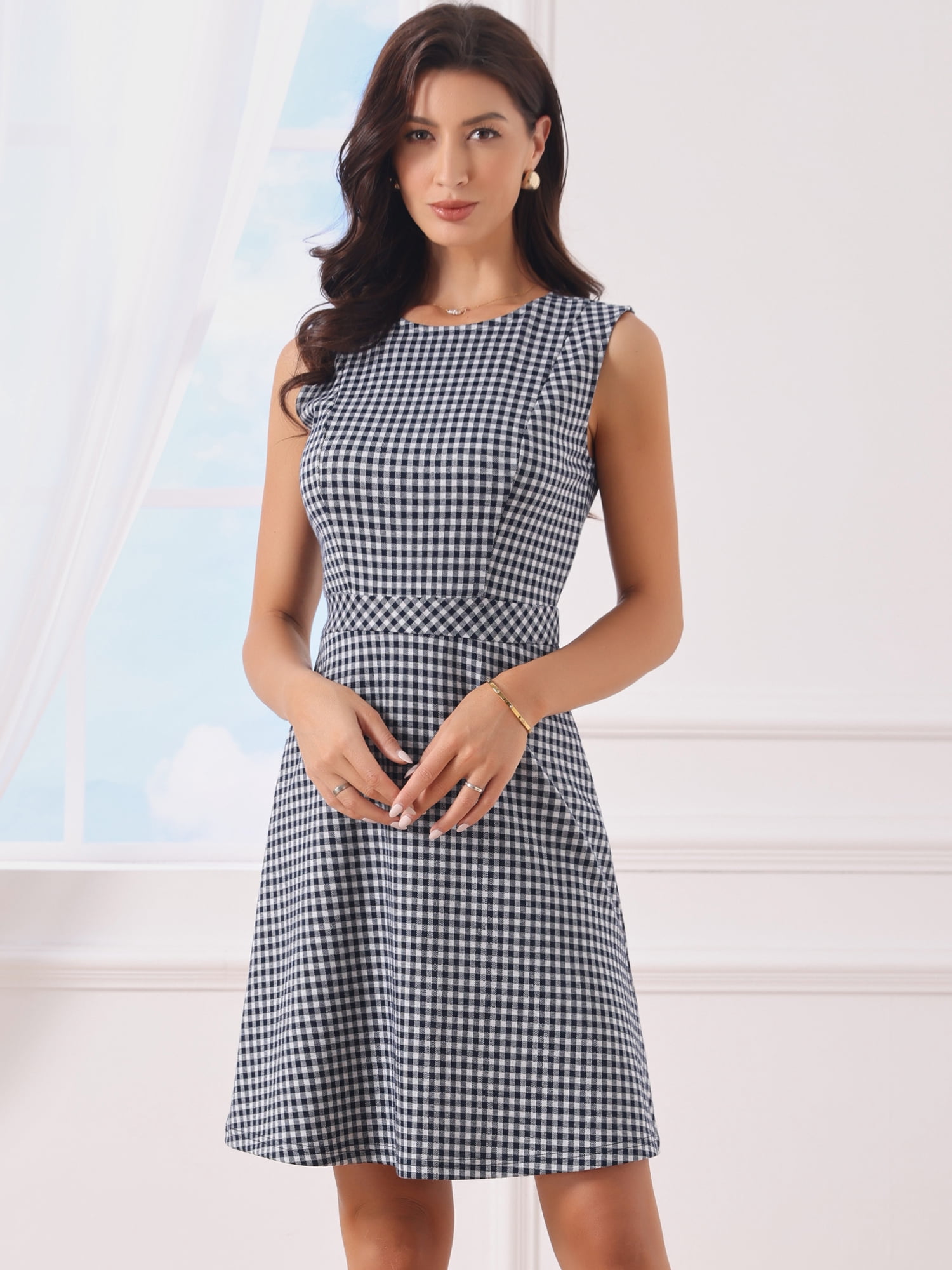 DARING DIVA Women's Plaid Dress Sleeveless A Line Houndstooth Dress XL Dark Royal Blue