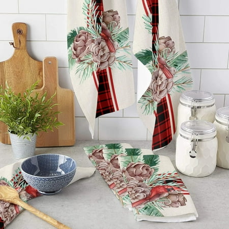 

Christmas Red Plaid Bow Red Cardinal Bird Kitchen Towel Bathroom Hand Towel Dishcloth Water Absorption Household Cleaning Cloth