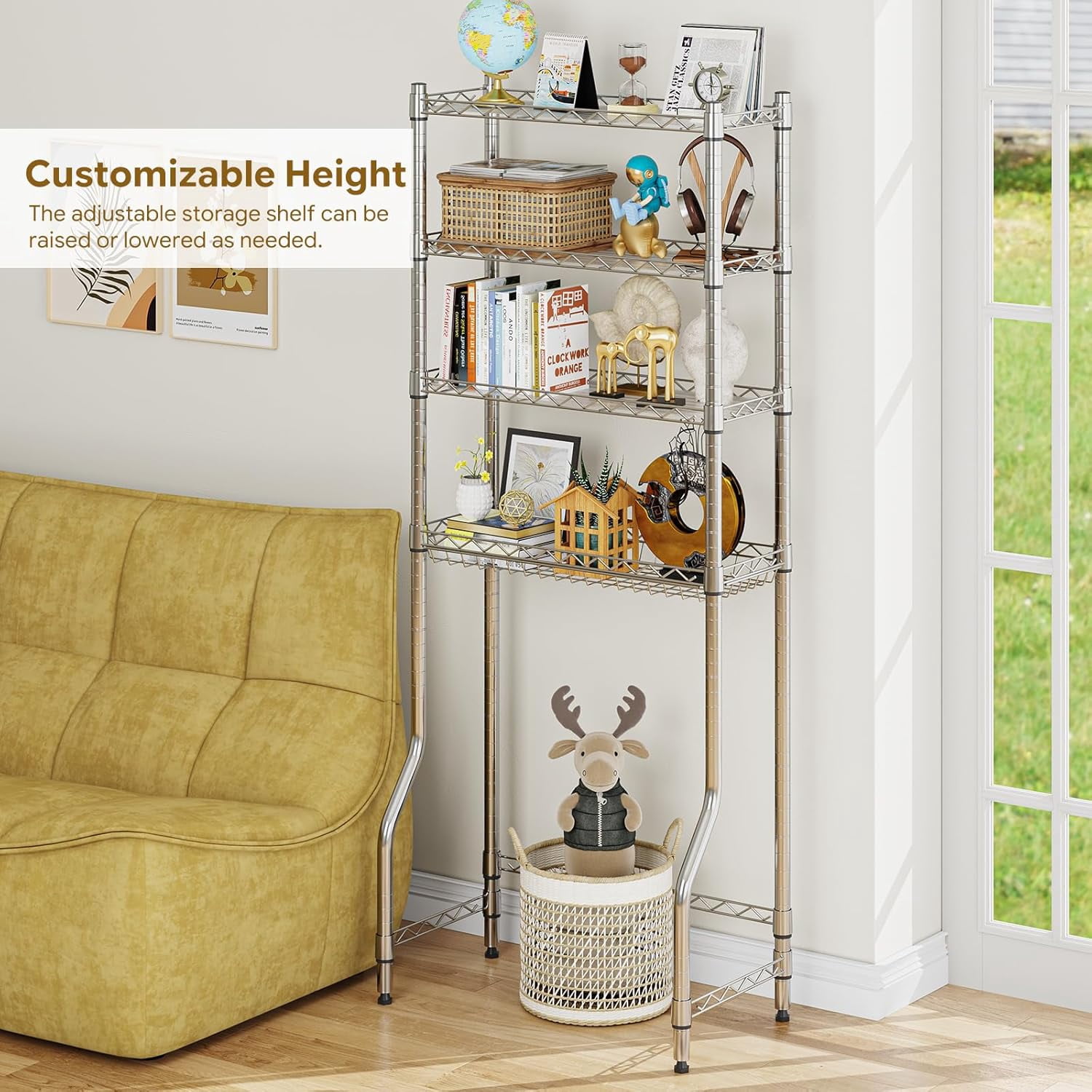 4-Tier Over the Toilet Storage Shelf with Adjustable Metal Shelves and Basket Chrome