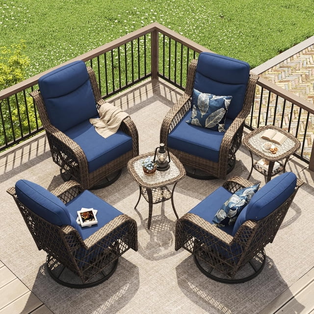 6-Piece Wicker Patio Conversation Set with 5 in. Thick Blue Cushions, High Back Outdoor Swivel Rocker Chairs Set