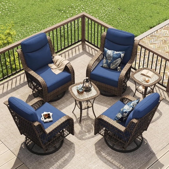 6-Piece Wicker Patio Conversation Set with 5 in. Thick Blue Cushions, High Back Outdoor Swivel Rocker Chairs Set