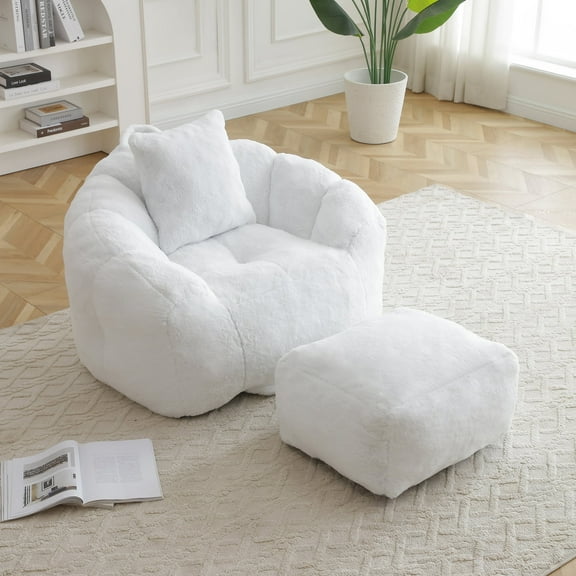 CKEASEAN 45"W Oversized Bean Bag Couch with Ottoman, Comfy Bean Bag Sofa with Armrests & Pillow, Reading Chair Lounge Floor Sofa for Living Room, Bedroom, No Assembly Required