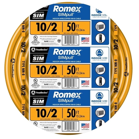 Cable Southwire marca Romex Simpull Solid Indoor 10/2 W/G NMB