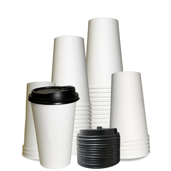 [200 Pack] 20oz Disposable White Paper Coffee Cups with Black Dome Lids - For Hot, Cold Drink, Coffee, Tea, Cocoa, Travel, Office, Home, Cider, Hot Chocolate, To go, Compostable, Biodegradable
