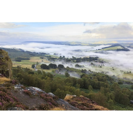 Early Morning Fog around Curbar Village, from Curbar Edge, Peak District National Park Print Wall Art By Eleanor