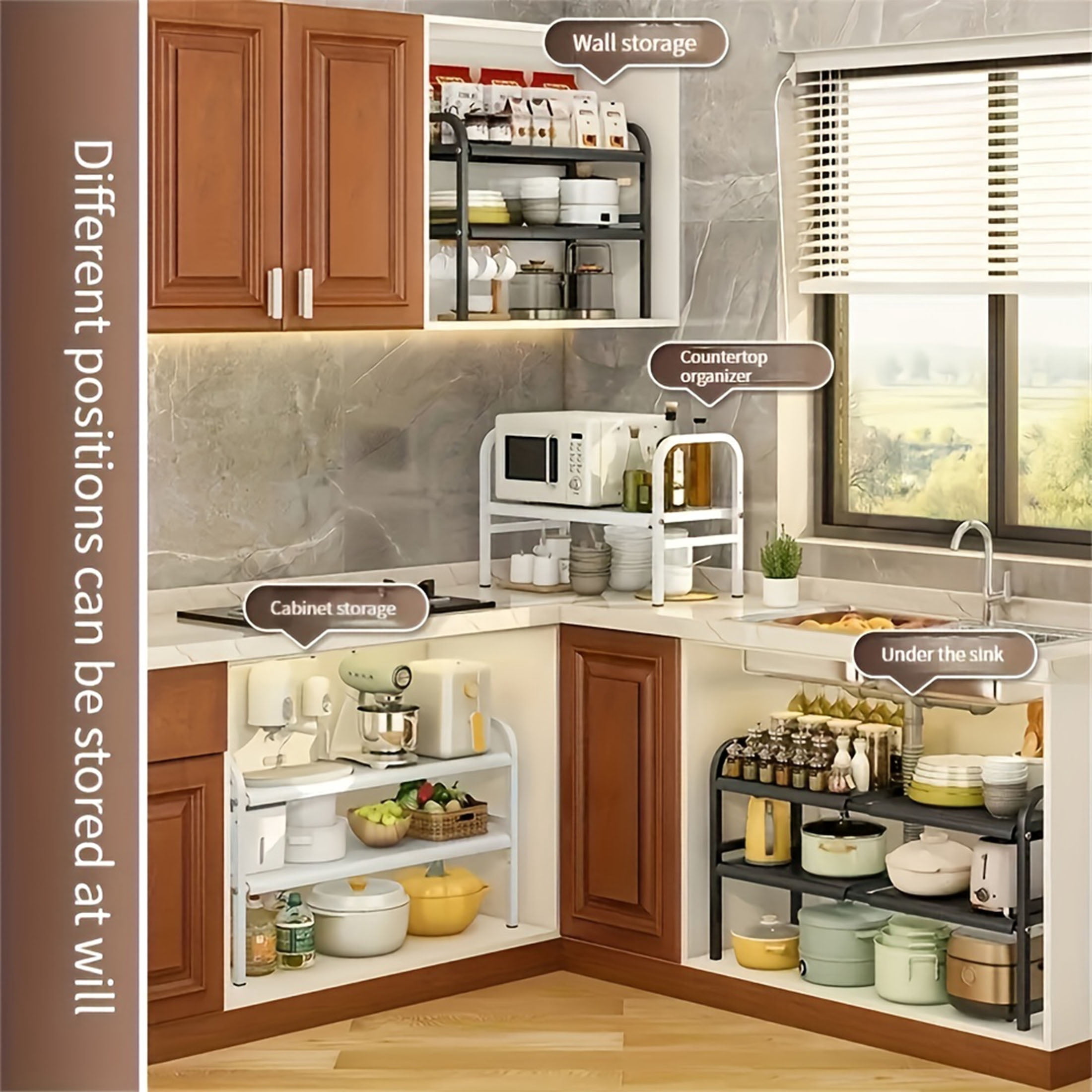 1pc Expandable Under Sink Organizers and Storage  2 Tier Cabinet Shelf Organizer with 5 Detachable Panels 5 baskets for Under Kitchen Bathroom Sink Organizers and Storage