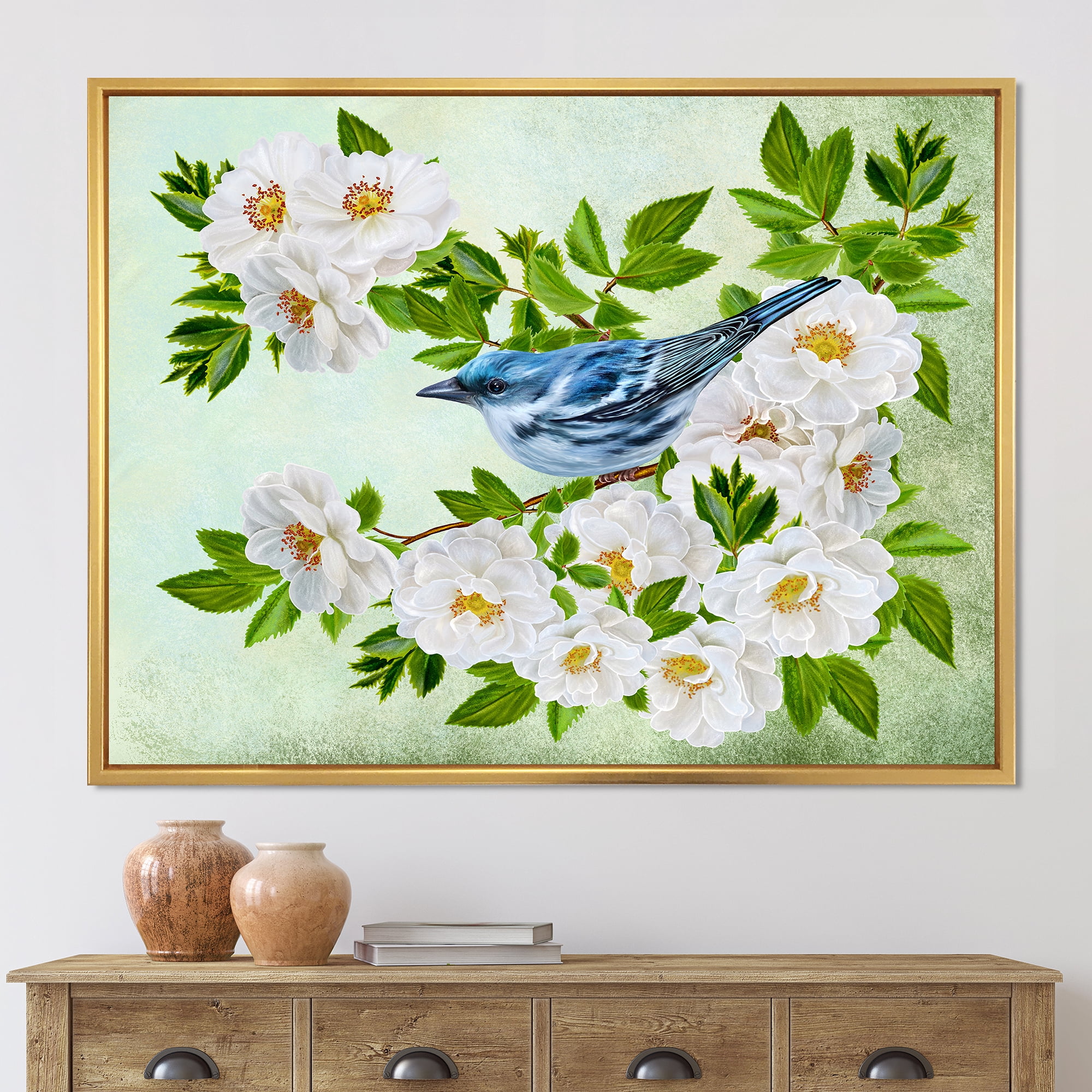 Designart 'Little Blue Bird Sitting On A Branch of White Rose Plant' Traditional Framed Canvas Wall Art Print
