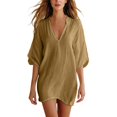 thumbnail image 2 of WCJM Womens Swimsuit Cover Up Shirt V Neck Short Sleeve Bathing Suit Cover Up Summer Beach Cover Ups (Beige,M), 2 of 5